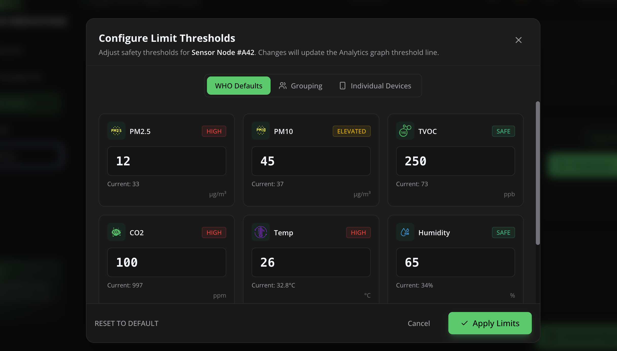 Configure Limit Thresholds dialog