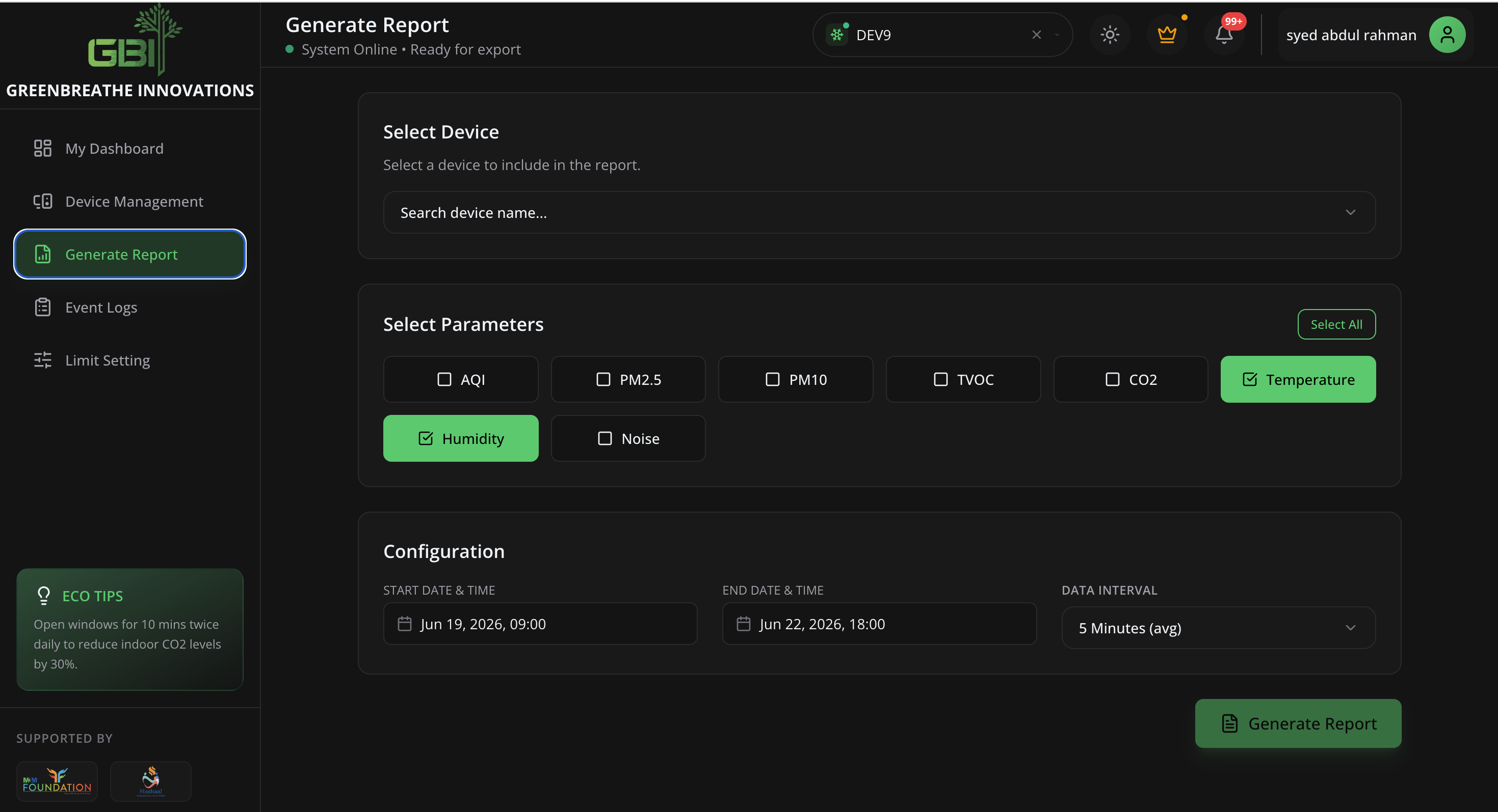 Generate Report screen